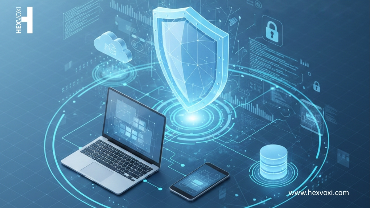 Digital shield protecting connected devices symbolizing cybersecurity protection.